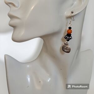 HANDMADE Halloween Lampwork Jade Pumpkin Dangle Hook Earrings